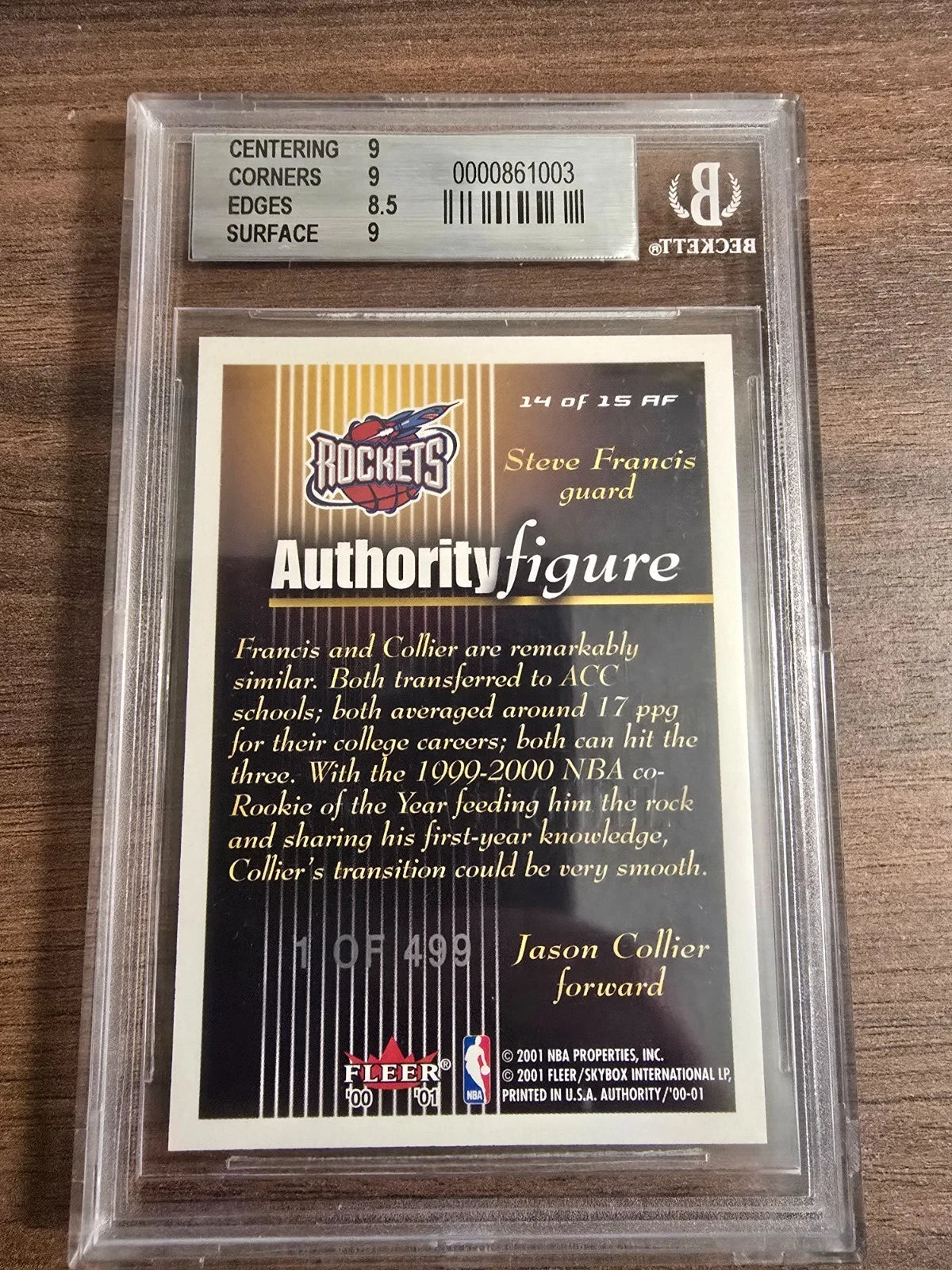 Graded 2001 Fleer Authority Figure Trading Card – Steve Francis / Jason Collier Rookie #/499 (Beckett 9)